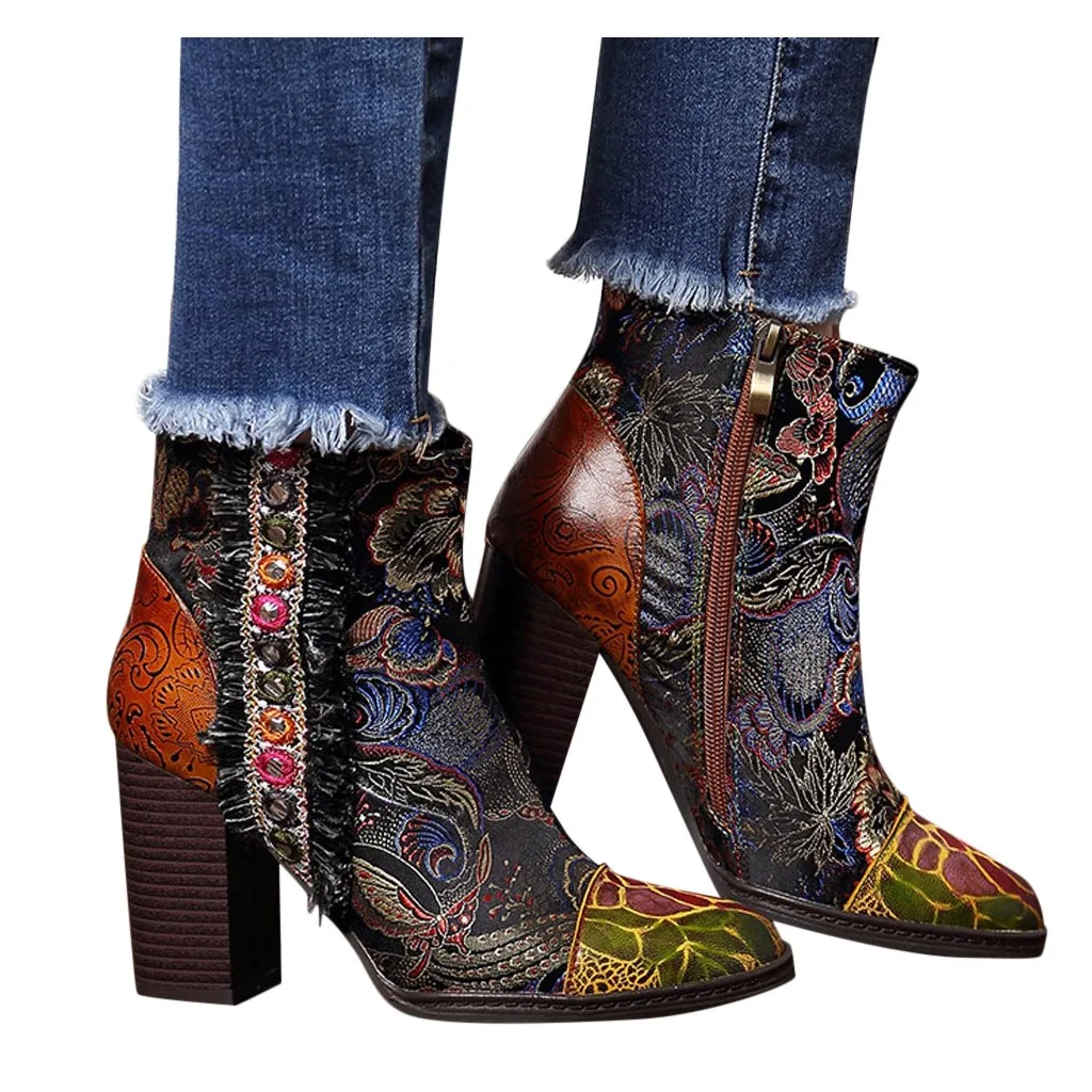 

Autumn Winter Shoes Women Embossed Splicing Pattern Stitching Zipper High Heel Ankle Boot Thick Heel Ladies Winter Boots