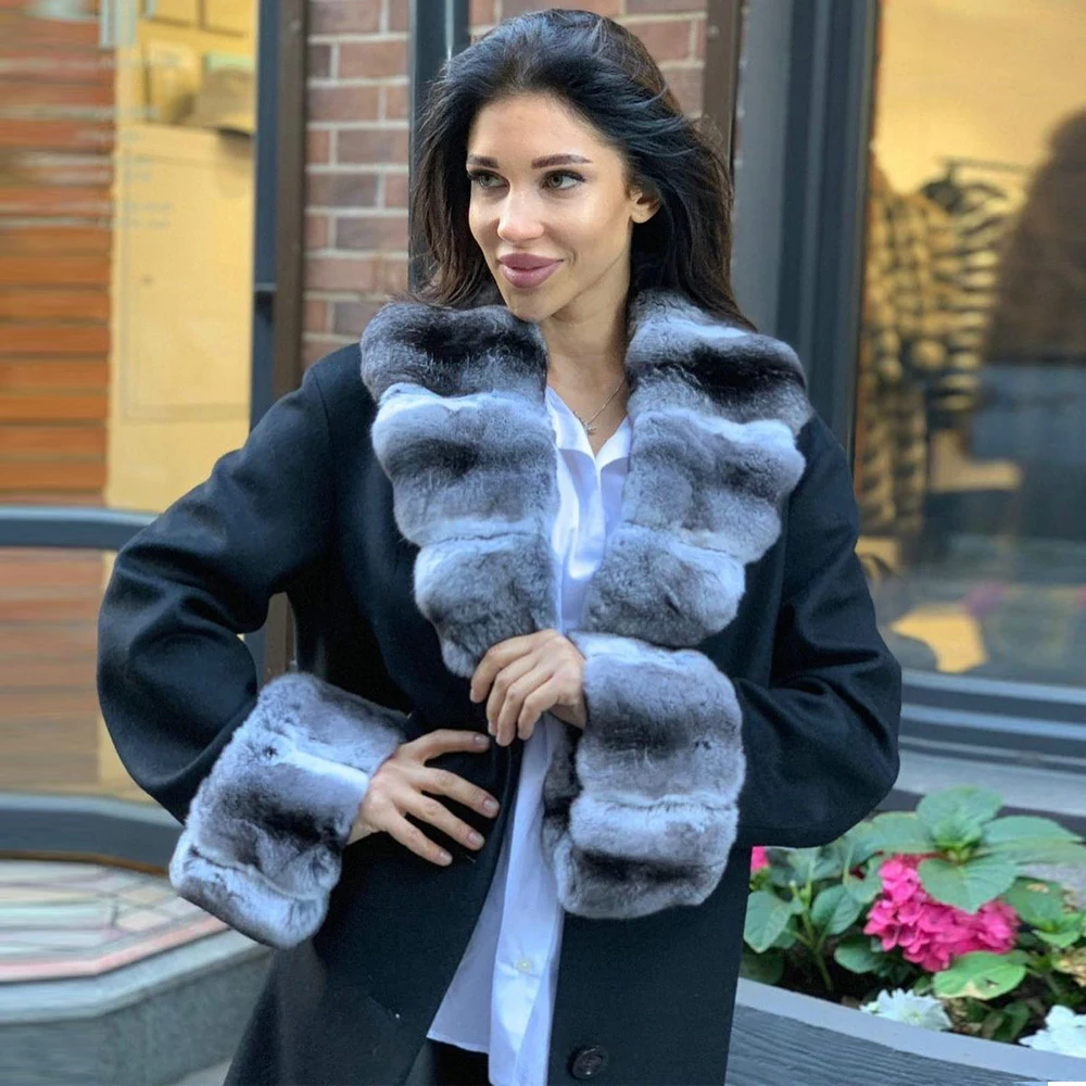 Black Wool Blends Coats with Rex Rabbit Fur Turn-down Collar Luxury Women High Quality Genuine Rex Rabbit Fur Cashmere Overcoats