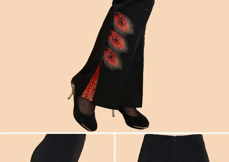 Middle-aged Tang suit pants брюки женские women's pants embroidered trousers ladies wide leg high waist pants