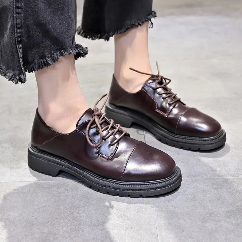 

COOTELILI Fashion Women Shoes Women Casual shoes Womens Flats Lace up Ladies Leather Shoes Platform 4cm Heel Black Basic