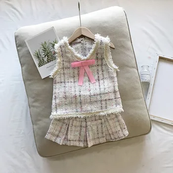 

Spring Summer girls 2 pcs set baby vest + skirt kids brand suit children fashion clothes gunny bow lacing 2 to 7 yrs
