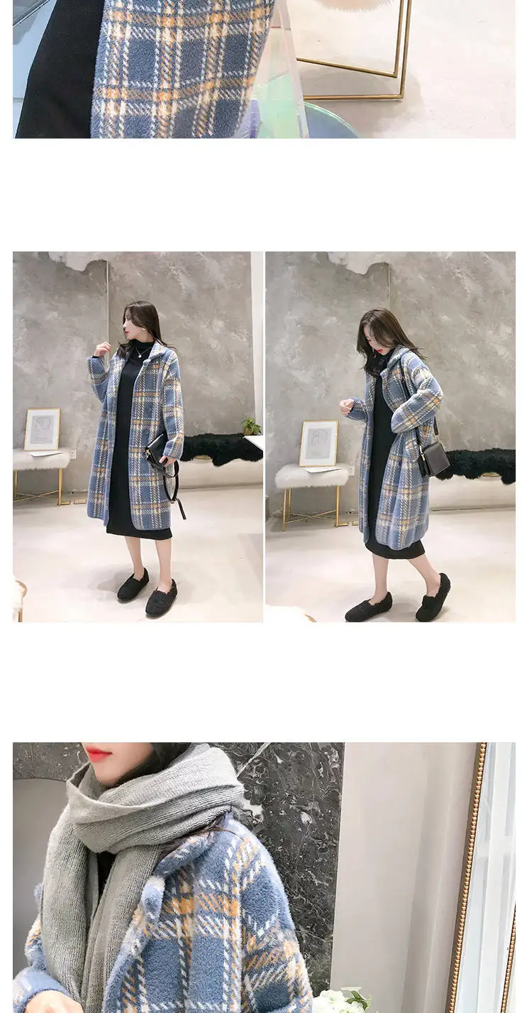 JuneLove autumn elegant plaid women fashion woolen coats ladies casual turn-down collar coats vintage Loose female warm outwears