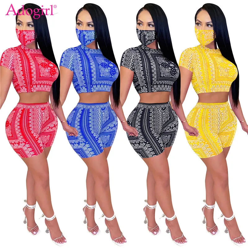 

Adogirl Bandana Print Two Piece Set Women Casual O Neck Short Sleeve Tie Backless Crop Top Skinny Shorts Tracksuit Sexy Suit