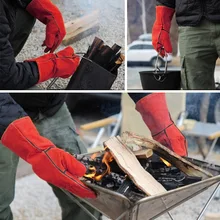Outdoor BBQ Gloves Camping Fire Barbecue Leather High Temperature Insulation Thick Lengthened Welding Protective Gloves light colored denim knife gloves a layer of light colored leather welding protective insulation wear labor protection