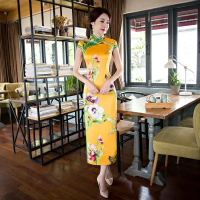 Sheng Coco шелковое китайское платье 4 цвета Ретро Cheongsam Восточный стиль платья традиционная китайская одежда женское вечернее платье - Цвет: yellow long qipao