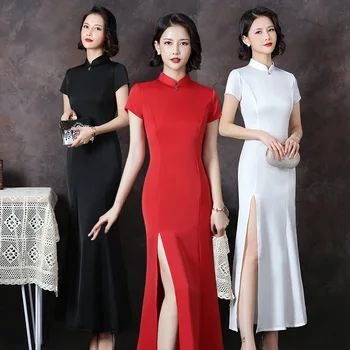 

Oriental Design Solid Color Women Plus Size Mermaid Cheongsam Elegant High Split Chinese Evening Dress Retro Stage Show Qipao