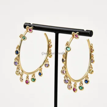 

GuaiGuai Jewelry rainbow cz charm Earrings Jewelry Gold Color circle hoop Chandelier Earrings