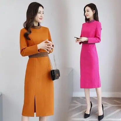 

2019 Autumn And Winter New Style WOMEN'S Dress Slimming Mid-length Long Sleeve Woolen Dress Sheath Slit A- line Base Skirt