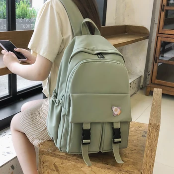 

Nylon Women Backpack Large Capacity High Schoolbag Double Front Pocket Buckle Backpack Travel Bag Multi Pocket Waterproof Solid