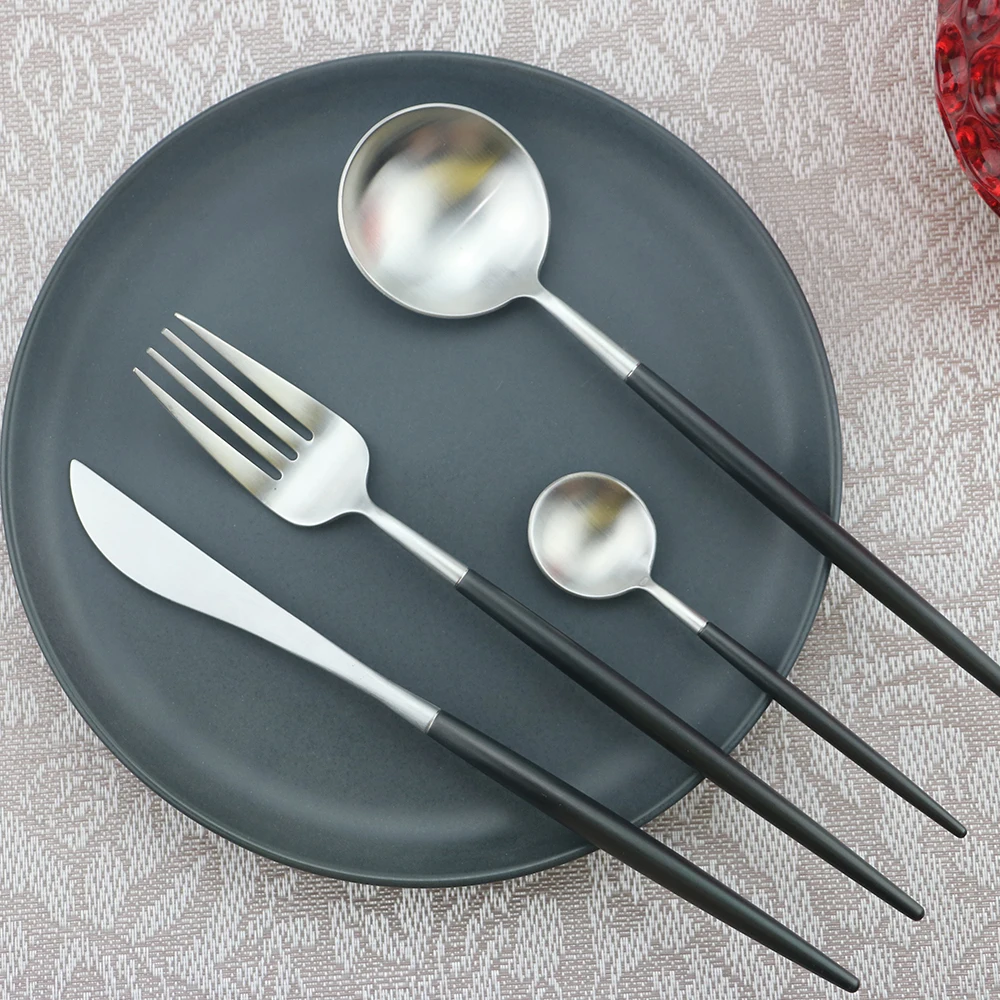 24Pcs Black-Silver Высокое Качество белого золота столовая посуда, набор из 24 штук, Нержавеющая сталь Металл столовые матовый нож вилка обеденная ложка набор столовой посуды для кухни - Цвет: 24Pcs Black-Silver