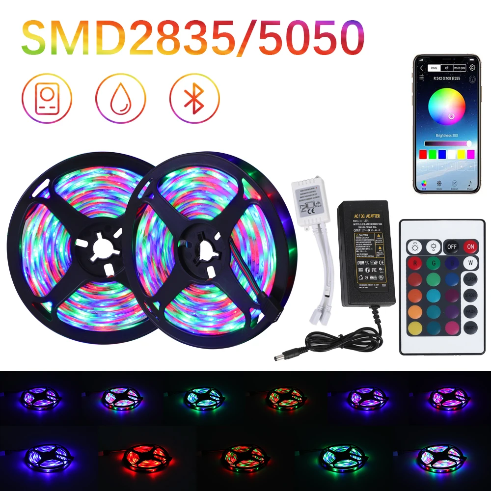 

5m 10m 15m 20m LED Strip 5050 2835 IP20 RGB Strip LED Light Flexible Ribbon Stripe DC 12V RGB Diode Tape WIFI Controller Adapter