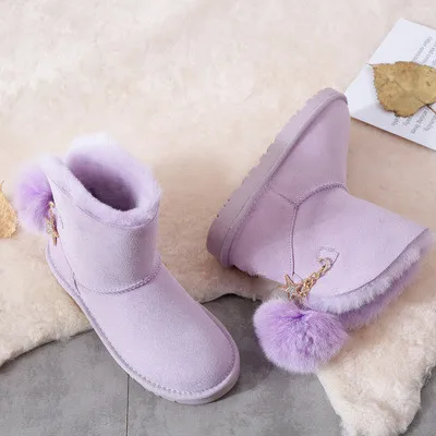 Light purple Fashion Genuine Sheepskin Leather Snow Boots Natural Fur Winter Boots Women Warm Wool Boots Women Boots - Цвет: Light purple