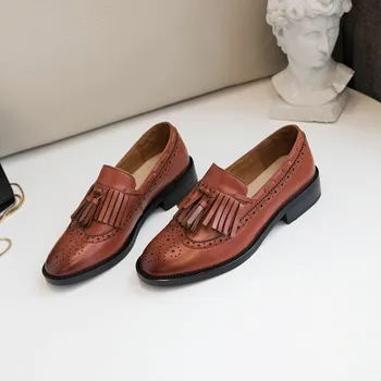

MLJUESE 2020 women pumps autumn spring soft cow leather slip on brown color round toe tassel lady shoes party dress size 40