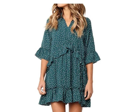 Летнее Повседневное платье в горошек, Boho, пляжное платье, винтажное, с оборками, короткий рукав, а-силуэт, вечерние мини-платье, сарафан - Цвет: Зеленый