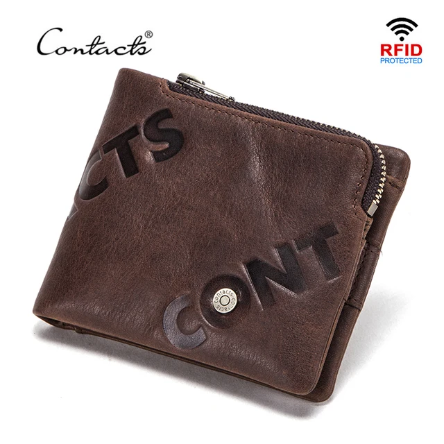 CONTACT S 100% Genuine Leather Wallet Men Small Card Holder Portfolio Zipper Coin Purse Wallets Mini Money Bags RFID Blocking