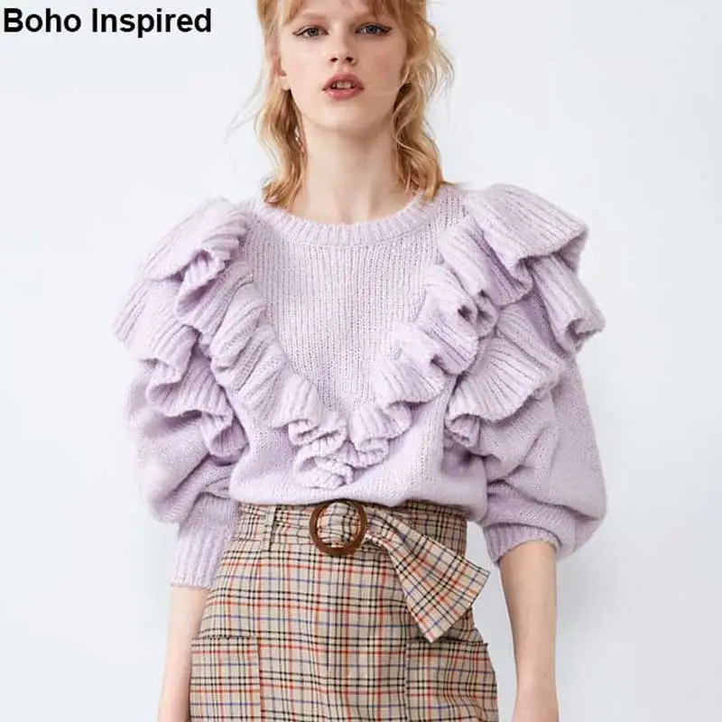 

Boho Inspired KNIT SWEATER Women long sleeve ruffle trim pullovers sweaters casual chic 2019 winter sweaters jumpers female