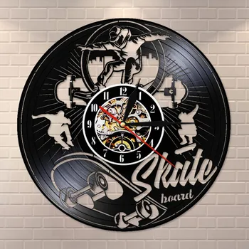 

Skate Board Black Vinyl LP Wall Clock Skateboard Roller Skaters Vinyl Record Wall Art Board Teenage Room Silent Quartz Clock