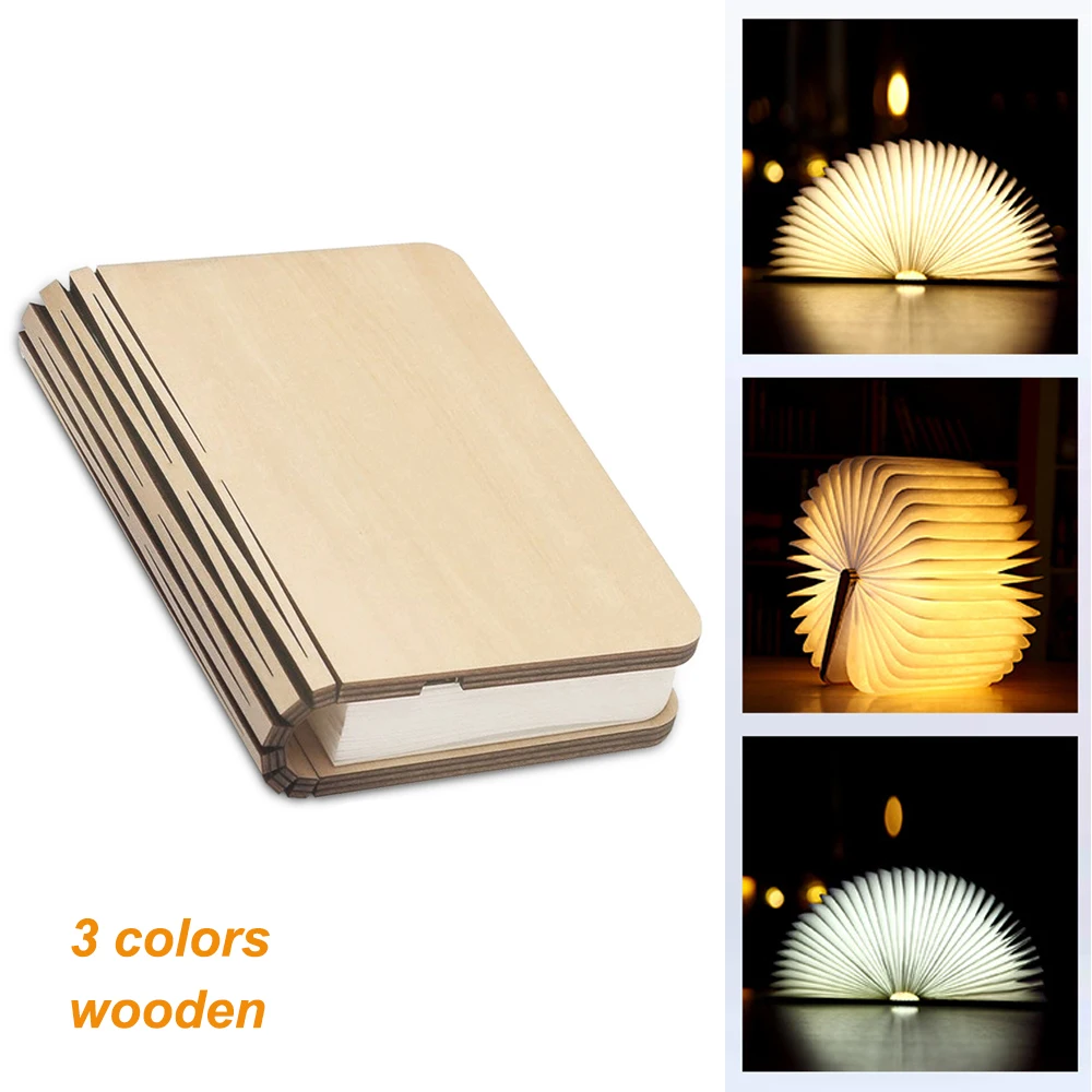 Wooden Folding Mini Book Light Book Light for Reading in Bed Lamp Magical USB Rechargeable Book Shaped Night Light with 3 Colors and Magnetic Design Creative Gift