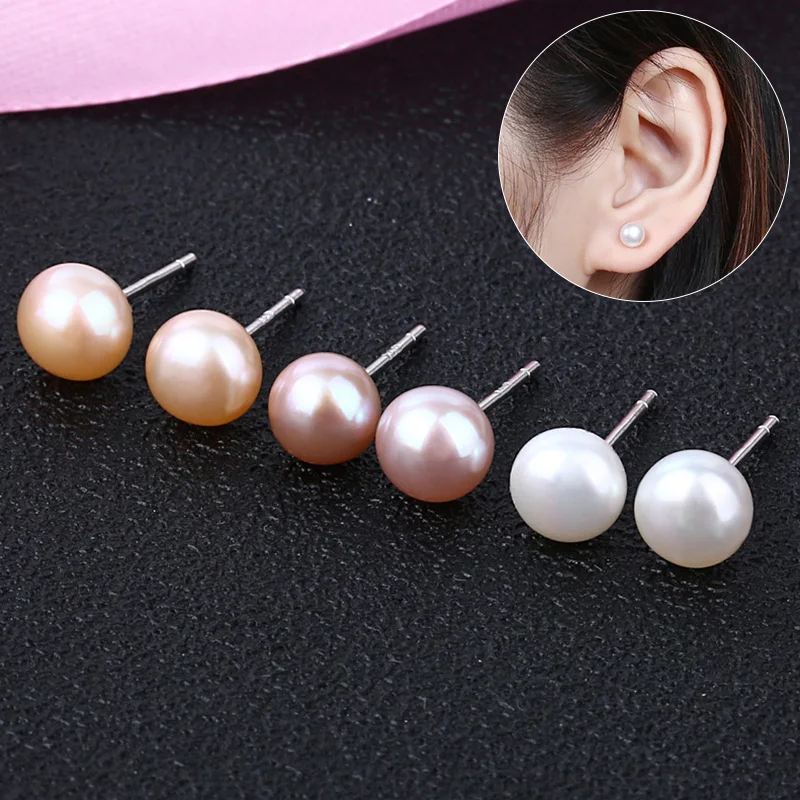 Natural Freshwater Pearls Stud Earrings Women's Fashion Elegant Jewelry Silver Color Needle White Pink Purple Ear Studs | Украшения и