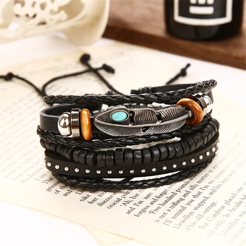 Vintage Multiple Layers Leather Bracelet Set bracelet jewelry For Men Women Charm Leaf Feather Stone Wood Beads Wrap Bracelets Pulseras