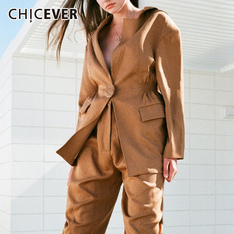 

CHICEVER Summer Solid V Neck Coat For Women Notched Collar Long Sleeve Button OL Blazer Coats Female Fashion New Clothes 2019