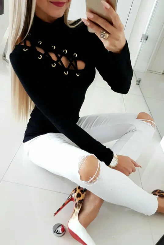 2019 Sexy Women Hollow Out Bandage Slim Fit Female T-Shirt Lady Long Sleeve Turtleneck Stretch New Design Solid Top Plus Size | Женская