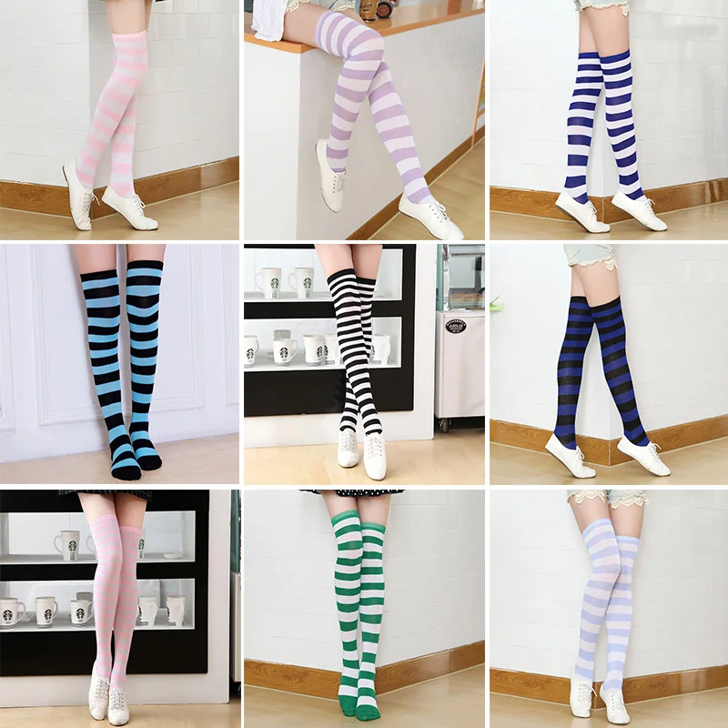 

Fashion women's striped Stockings Casual Cotton Thigh Over Knee High Cheer Squad colored Female Long Knee stockings