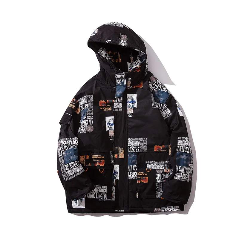 Толстые мужские зимние пальто и куртки с капюшоном, полный принт Veste Homme, мужская одежда размера плюс, уличная парка, мужская куртка-бомбер - Цвет: Черный
