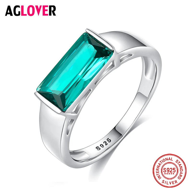 AGLOVER Hot Sale 925 Sterling Silver Ring Green AAA Zircon Rectangular Ring Man Woman Party Wedding Fashion Birthday Gift