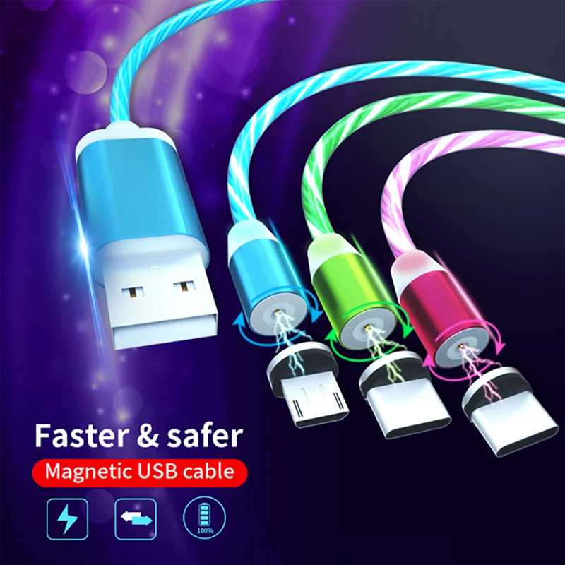 

1m 2m Magnetic charging Mobile Phone Cable USB Type C Flow Luminous Lighting Wire for iphone Samsung Xiaomi LED Micro Kable