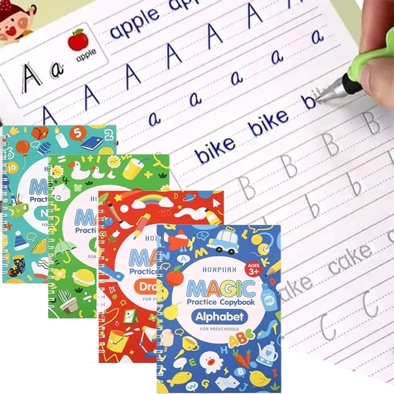 4 libros/juegos de cuaderno escolar para niños, caligrafía 3D, práctica de escritura a mano reutilizable, aprendizaje de escritura, papelería mágica en inglés