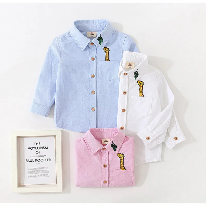 Spring Autumn 2 3 4 6 8 10 Years Children'S Cloth Turn-Down Collar Long Sleeve Embroidery Animal Baby Kids Boys Cotton Shirt
