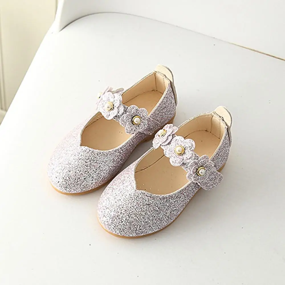 Silver shoes Детская обувь для девочек; детская однотонная Танцевальная обувь принцессы с цветочным рисунком; Удобная Нескользящая танцевальная обувь с блестками для девочек; тонкие туфли; 35A14 - Цвет: Silver shoes
