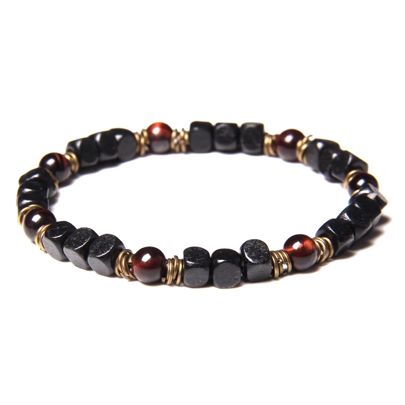 

6 mm Red Tiger Eye Stone Bracelets For Couples Meditation Square Wood Beads Bangle Men Bronze Spacer Slice Charm Elastic Pulsera