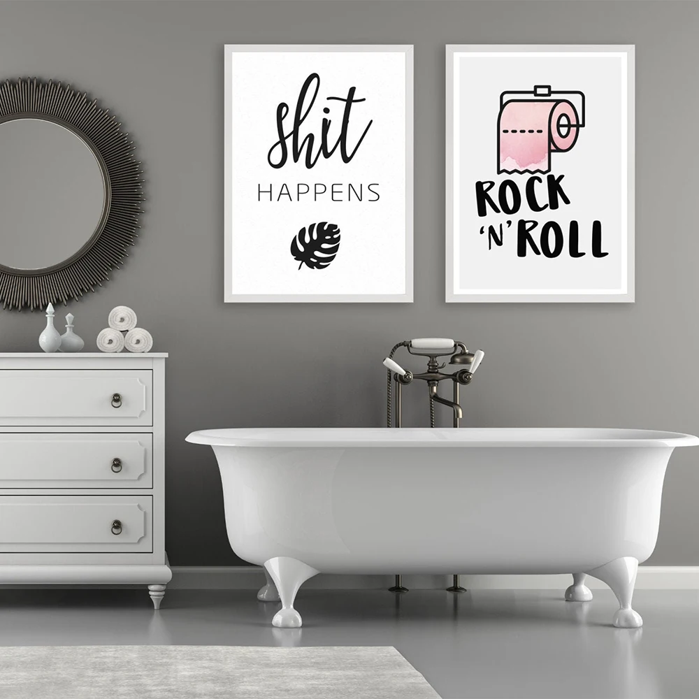 

Funny Toilet Sign Rock n Roll Paper Canvas Print And Poster Shit Happens Quote Bathroom Art Painting Wall Picture Bathroom Decor
