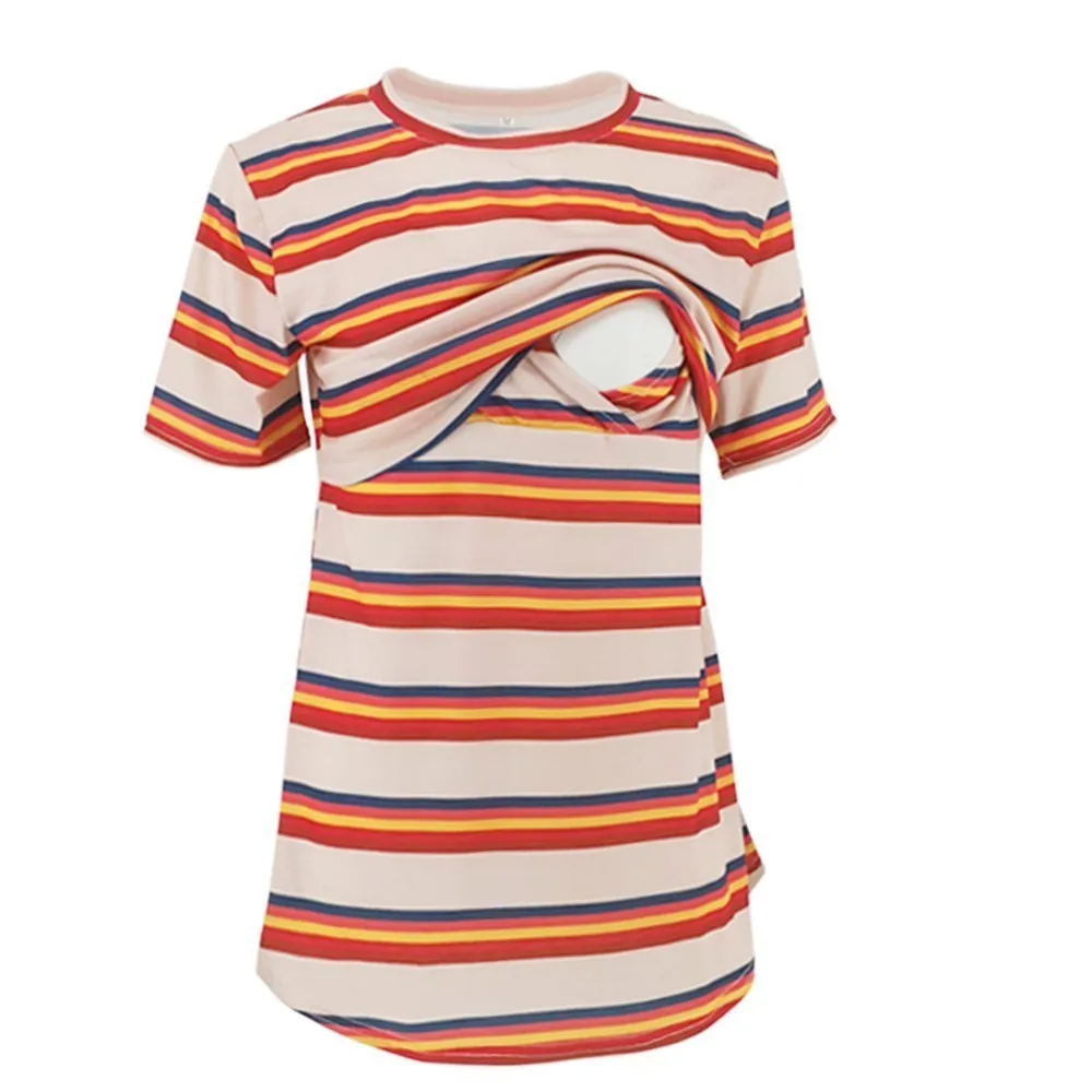 ENXI полосатая футболка для кормящих мам с круглым вырезом, летняя повседневная футболка, Одежда для беременных женщин, футболка для