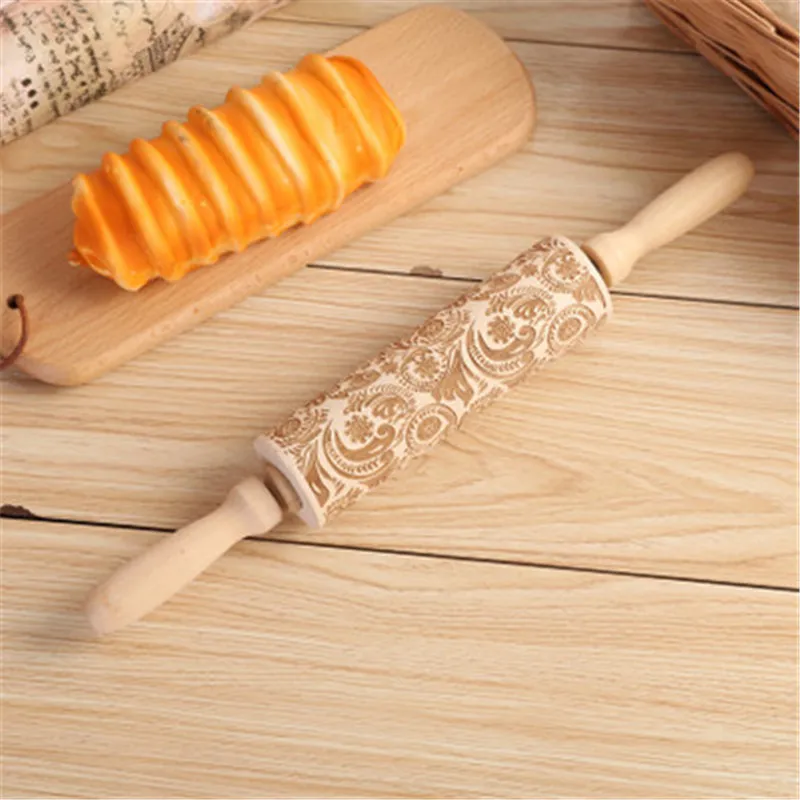 3D Christmas Rolling Pin Christmas Patterned Reindeer Snowflake Wooden Embossed Cookie Made Roll Pin Bakery Baking Pastry Roller