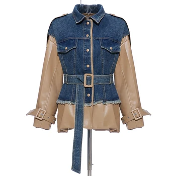 

TOP QUALITY NewestRunway 2020 Designer Stylish Jacket Women's Leather Patchwork Denim Jacket