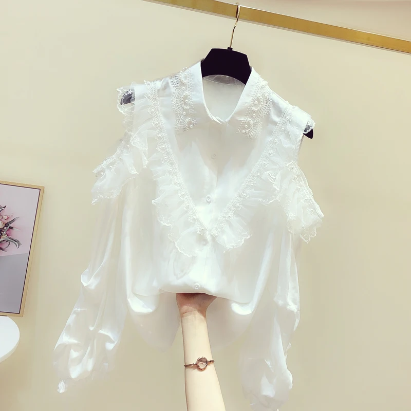 

Women White Blouse Sexy Top Beaded Lace Stitching Ruffled Off-Shoulder Shirt Blusas Femme 2020 Female Top