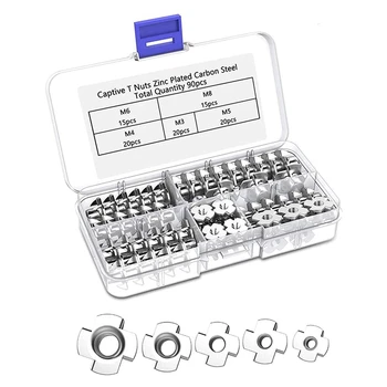 

90Pcs Four Pronged Nut Four Pronged Carbon Steel T-Nuts M3/M4/M5/M6/M8 Four Pronged T-Nuts for Wood & Metal Furniture