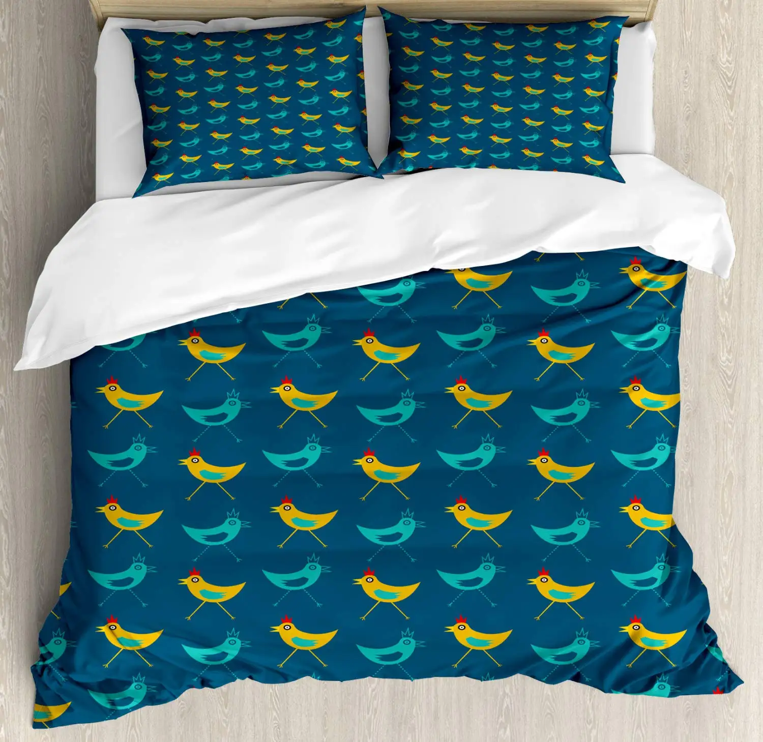 Yellow Bird Duvet Cover Set Funny Abstract Chickens Pattern 3 Piece Bedding Set Petrol Blue Earth Yellow Dark Seafoam Dark Pink