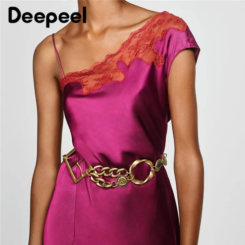 

Deepeel 1pc 12cm*116cm Women Metal Chain PU Cummerbunds Personality Geometric Figure Pin Buckle Belt Punk Hip-hop Trendy Girdle