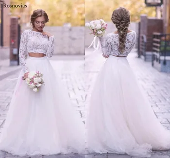 

Boho Beach Wedding Dresses 2019 Two Pieces Long Sleeves Lace Top Sweep Train Modest Vestido De Novia Bridal Gowns Custom
