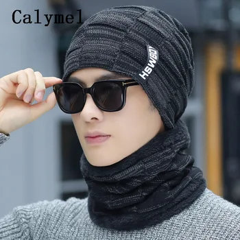 

Calymel 2019 New Scarf and Hat Sets Autumn Winter Velvet Thick Hat Simple Neckerchief Men Knitted Warmer Wool Cap Beanies