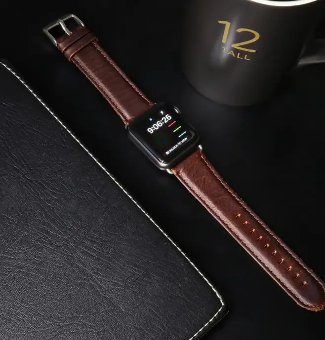 Популярный ремешок для Apple Watch Series 5 4 3 2 1, ремешок из натуральной кожи для Apple IWatch 42 мм, 38 мм, 40 мм, 44 мм, браслет, Подарочная посылка - Цвет ремешка: round Dark brown