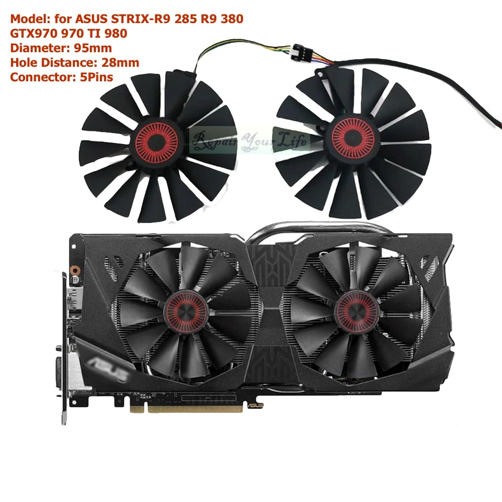 Plds12h 95mm Vga Gpu Fans Cooler For Asus Gtx970 Gtx 970 Ti 980 780 Strix R9 285 380 Fdh12s Fd9015u12s Dc12v 5pins Fans Cooling Aliexpress