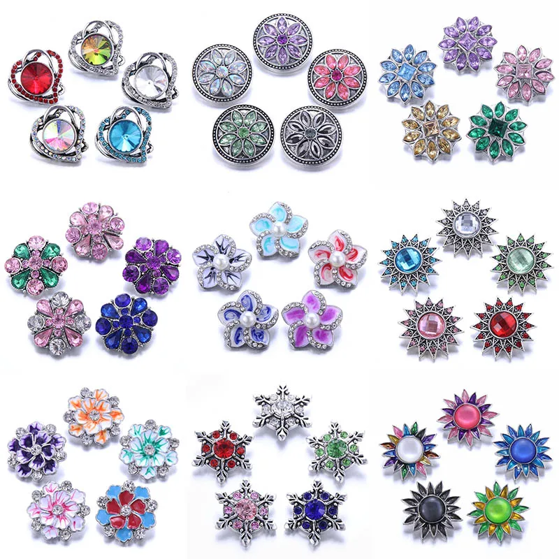 

10pcs/lot Wholesale Flower Snaps Jewelry Mixed 18mm Snap Button with Crystal Rhinestone Button for 18mm Snap Bracelets Bangles