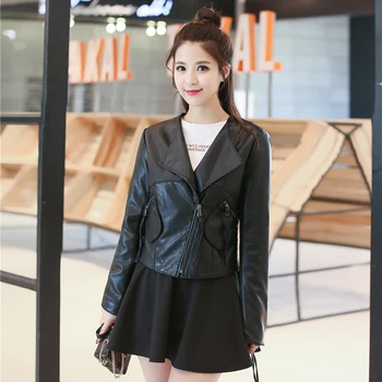 

Women's Leather Jackets Pu Faux Spring Autumn V-neck Asymmetric Zipper Short Solid Slim Ladies Coat Pockets Clothing For Female