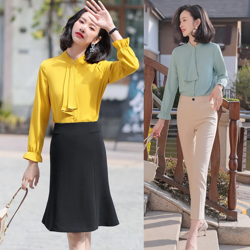 Blusas y camisas amarillas manga larga para mujer, conjunto de y Tops de estilos OL, 2 piezas|Blusas y camisas| -