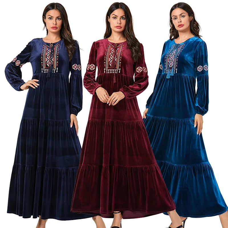 

Velvet Swing Long Dress Ethnic Embroidery Muslim Dresses Long Sleeve Autumn 2019 Arabian Wears Navy Blue Plus Size